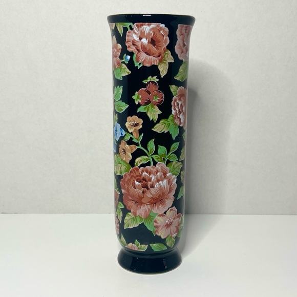 Otagiri Tavistock Floral Garden Vase Black Pink Flowers Gold Trim Made In Japan - Picture 1 of 5